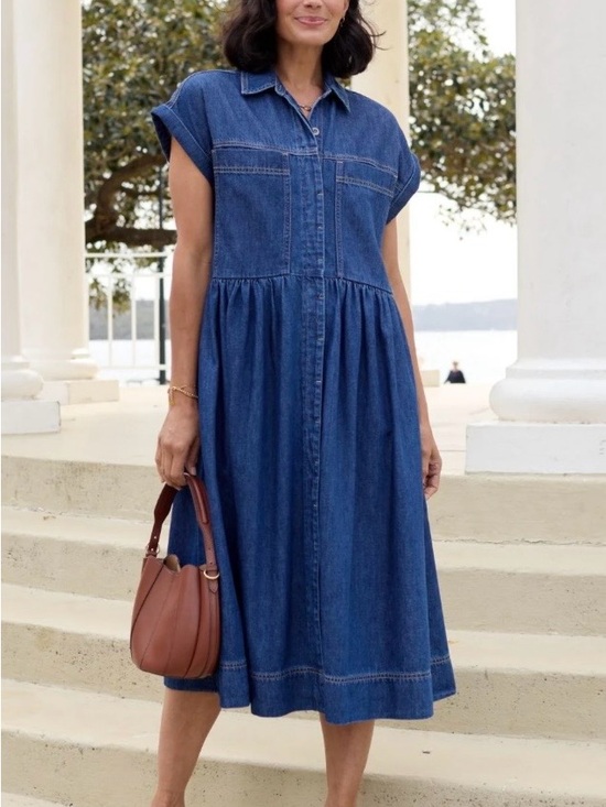 Maye Dresses & Skirts - Classic Indigo Denim Midi Shirt Dress - Women